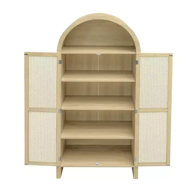 Meuble de Rangement Okak avec Arc, Buffet avec 2 Portes et 2 Tiroirs, Armoire Autonome pour Salon, Salle à Manger, Bureau, Naturel