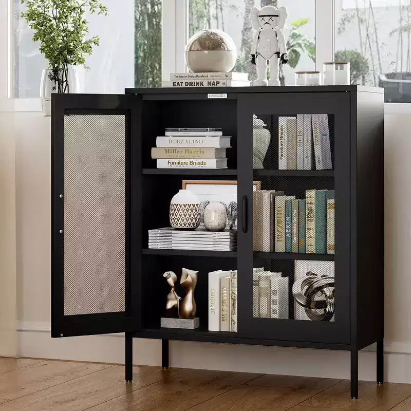 Okak Armadietto/Vetrinetta in metallo, Credenza con 3 ripiani, Armadietto/Mobiletto contenitore autoportante per Soggiorno, Corridoio e Ufficio