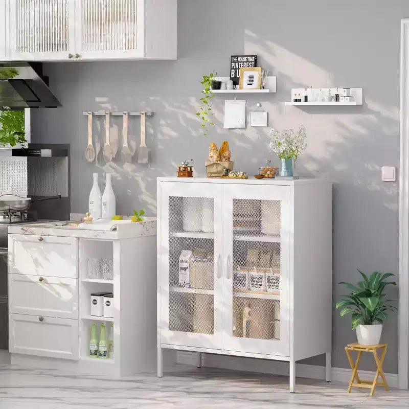 Okak Armadietto/Vetrinetta in metallo, Credenza con 3 ripiani, Armadietto/Mobiletto contenitore autoportante per Soggiorno, Corridoio e Ufficio