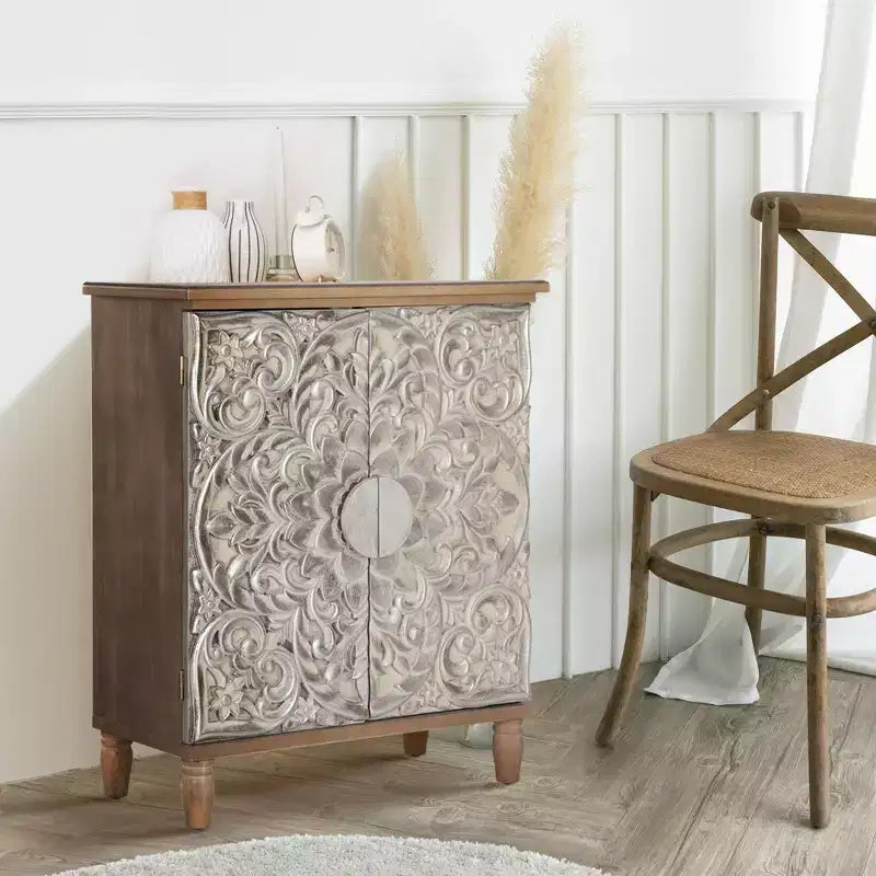 Captiva Designs Credenza da Buffet Antica Argento con Intagli Floreali e Ante per Soggiorno, Ingresso