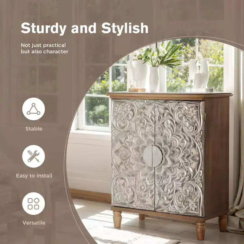 Captiva Designs Credenza da Buffet Antica Argento con Intagli Floreali e Ante per Soggiorno, Ingresso