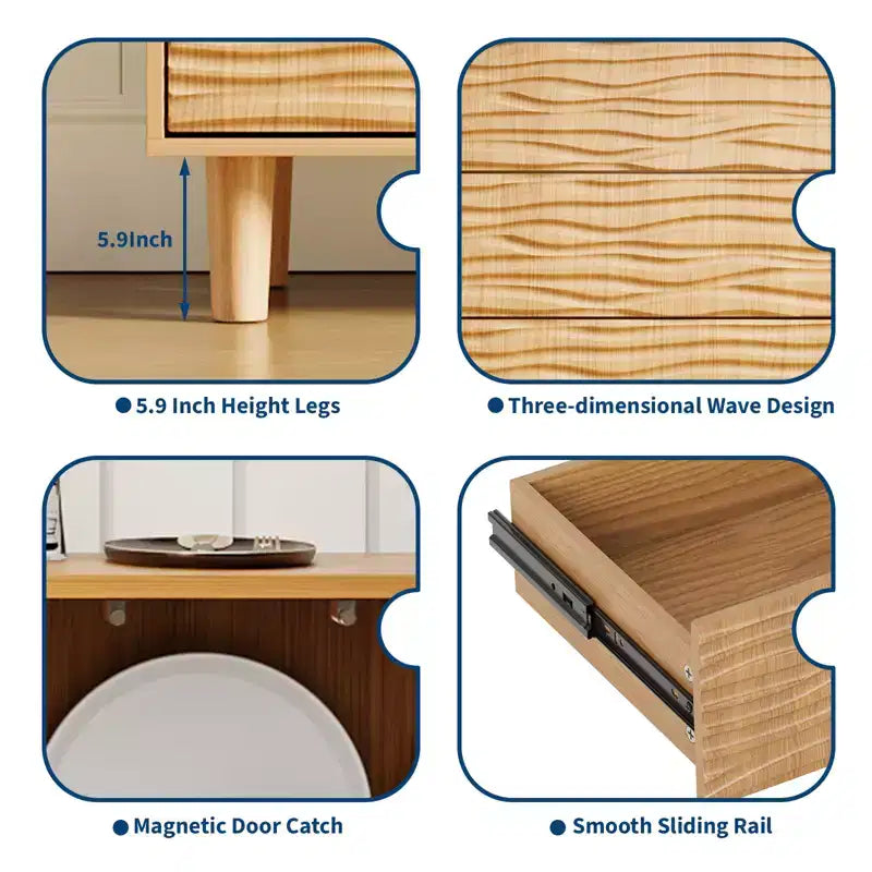 COZONY 61 Buffet credenza moderno di metà secolo, mobile in legno naturale con 3 cassetti e 2 ante, design con scanalature ondulate e ripiano regolabile