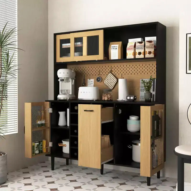 Buffet en bois Okak avec 4 portes et 2 tiroirs, meuble de rangement pour salon, salle à manger, cuisine