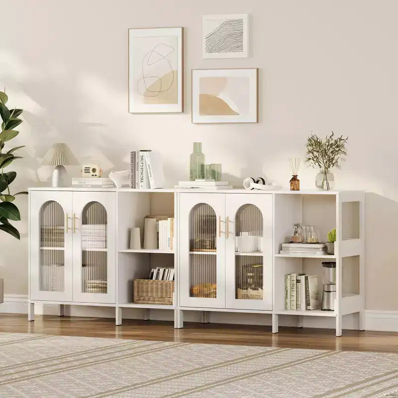COZONY Madia Credenza da 100 cm con Ante in Vetro, Mobile Contenitore a 2 Ripiani Aperti per Sala da Pranzo, Cucina, Soggiorno