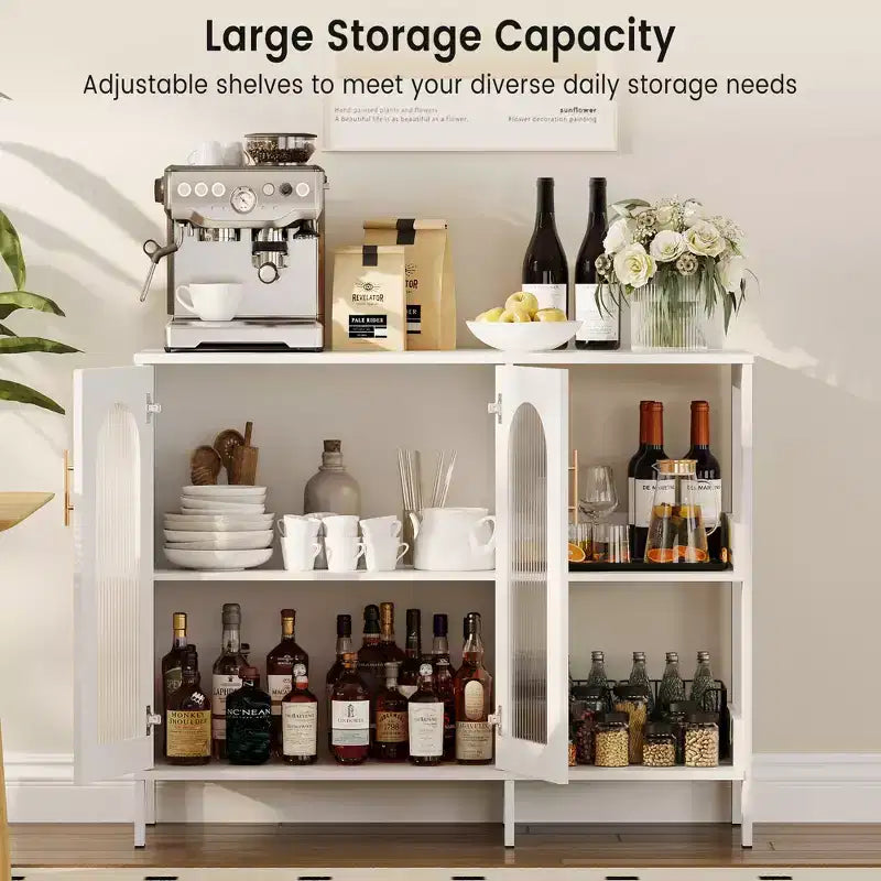 COZONY Madia Credenza da 100 cm con Ante in Vetro, Mobile Contenitore a 2 Ripiani Aperti per Sala da Pranzo, Cucina, Soggiorno