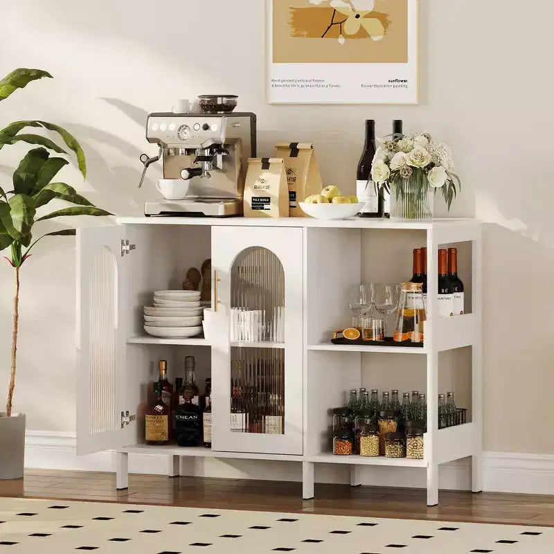 COZONY Madia Credenza da 100 cm con Ante in Vetro, Mobile Contenitore a 2 Ripiani Aperti per Sala da Pranzo, Cucina, Soggiorno