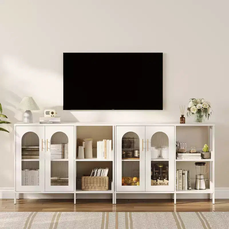 COZONY Madia Credenza da 100 cm con Ante in Vetro, Mobile Contenitore a 2 Ripiani Aperti per Sala da Pranzo, Cucina, Soggiorno