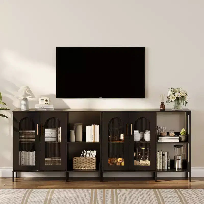 COZONY Madia Credenza da 100 cm con Ante in Vetro, Mobile Contenitore a 2 Ripiani Aperti per Sala da Pranzo, Cucina, Soggiorno