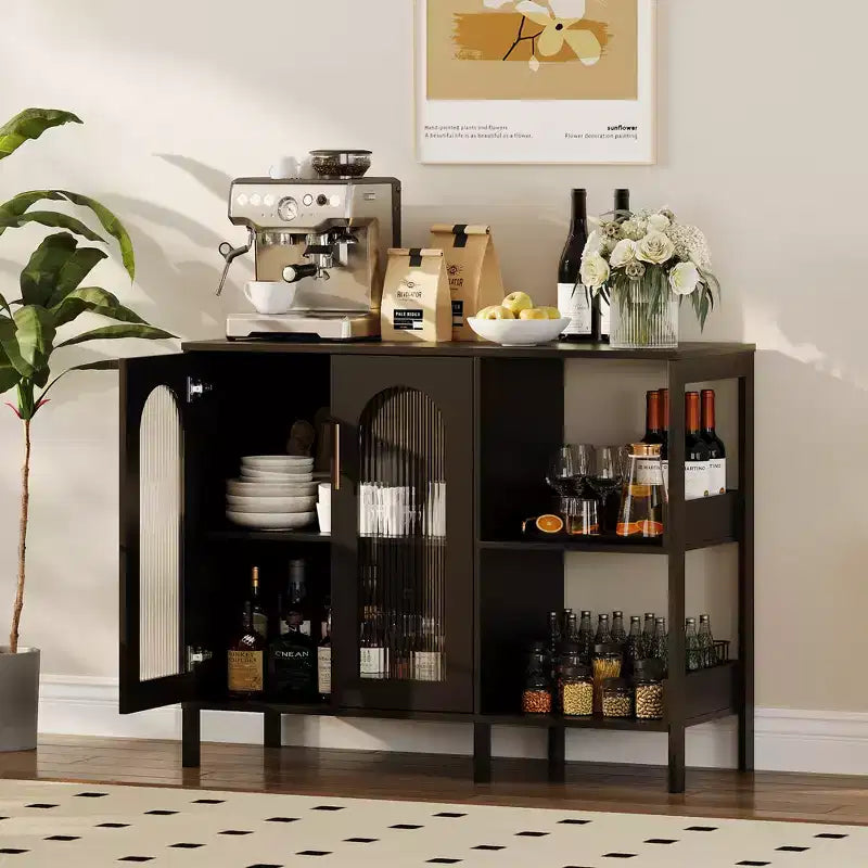 COZONY Madia Credenza da 100 cm con Ante in Vetro, Mobile Contenitore a 2 Ripiani Aperti per Sala da Pranzo, Cucina, Soggiorno