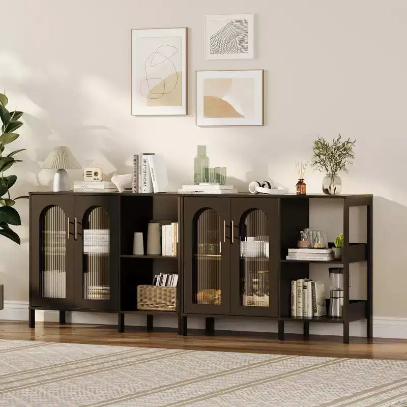 COZONY Madia Credenza da 100 cm con Ante in Vetro, Mobile Contenitore a 2 Ripiani Aperti per Sala da Pranzo, Cucina, Soggiorno