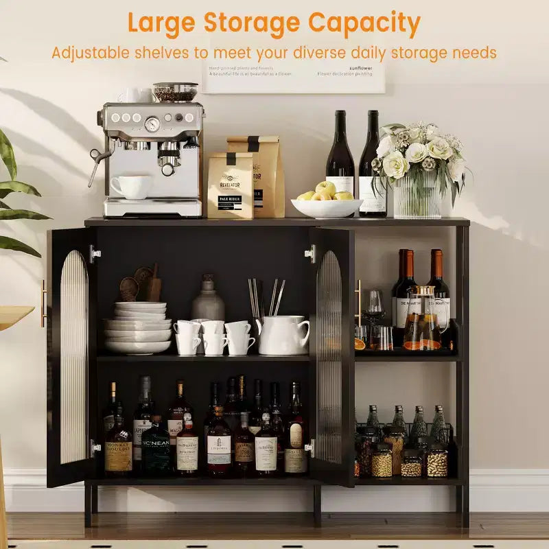 COZONY Madia Credenza da 100 cm con Ante in Vetro, Mobile Contenitore a 2 Ripiani Aperti per Sala da Pranzo, Cucina, Soggiorno