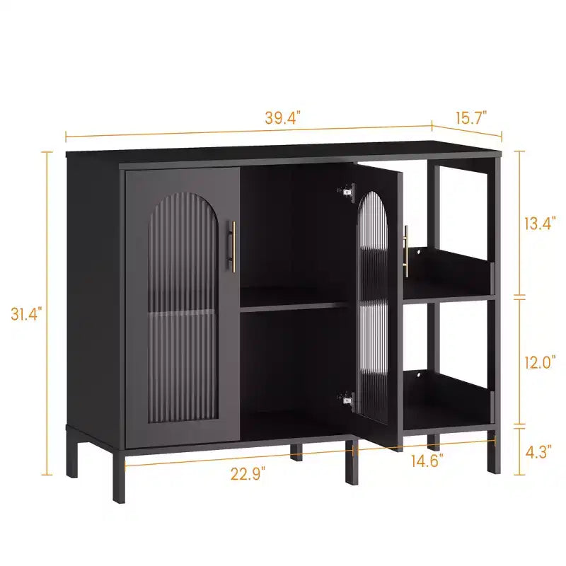COZONY Madia Credenza da 100 cm con Ante in Vetro, Mobile Contenitore a 2 Ripiani Aperti per Sala da Pranzo, Cucina, Soggiorno