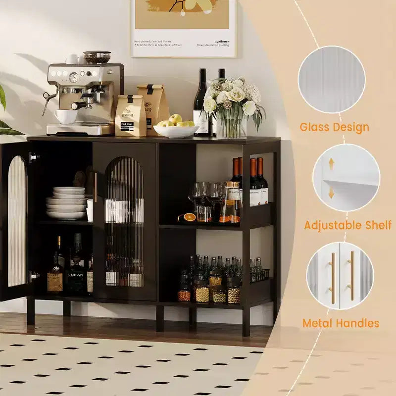 COZONY Madia Credenza da 100 cm con Ante in Vetro, Mobile Contenitore a 2 Ripiani Aperti per Sala da Pranzo, Cucina, Soggiorno