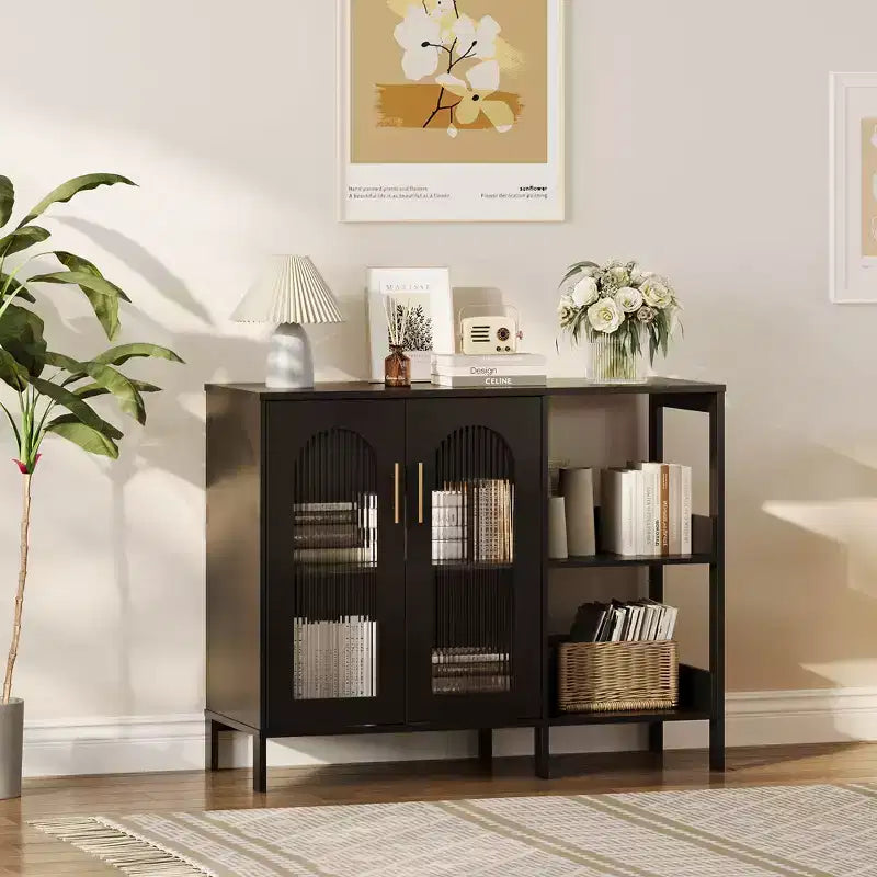 COZONY 40 inch Sideboard Buffet with Glass Doors, 2-Tier Open Shelf Storage Cabinet for Dining Room, Kitchen, Living Room