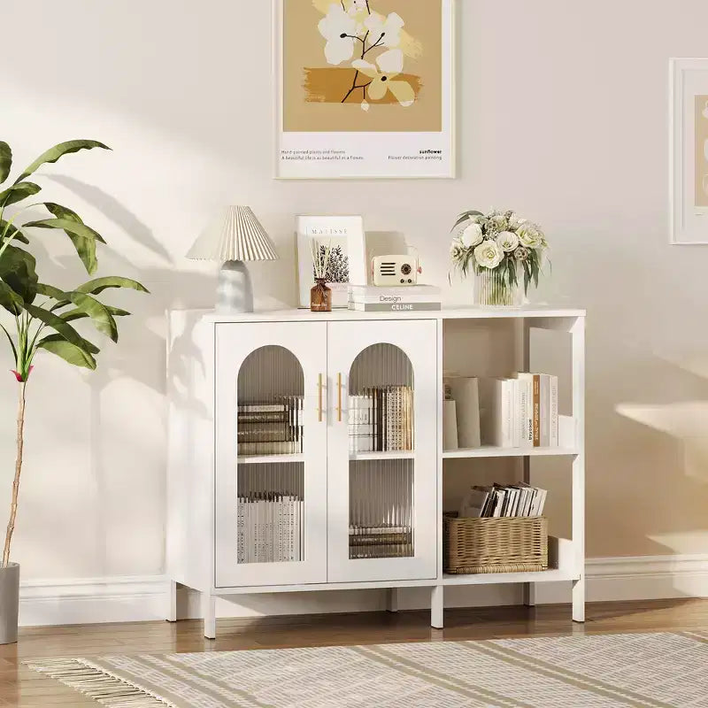 COZONY Buffet de 101,6 cm avec Portes en Verre, Meuble de Rangement à 2 Niveaux Ouverts pour Salle à Manger, Cuisine, Salon
