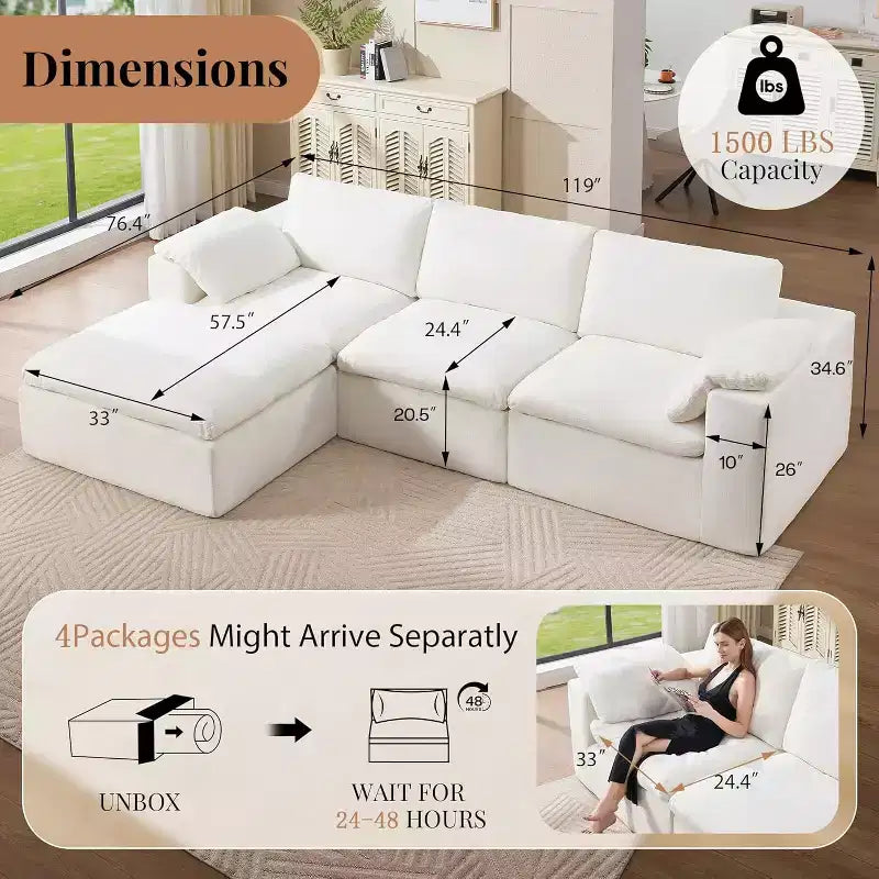 Divano Sezionale AMERLIFE Cloud Couch, Modulare Oversize con Chaise Longue Profonda 83.5, Design Senza Montaggio per Soggiorno, Ciniglia