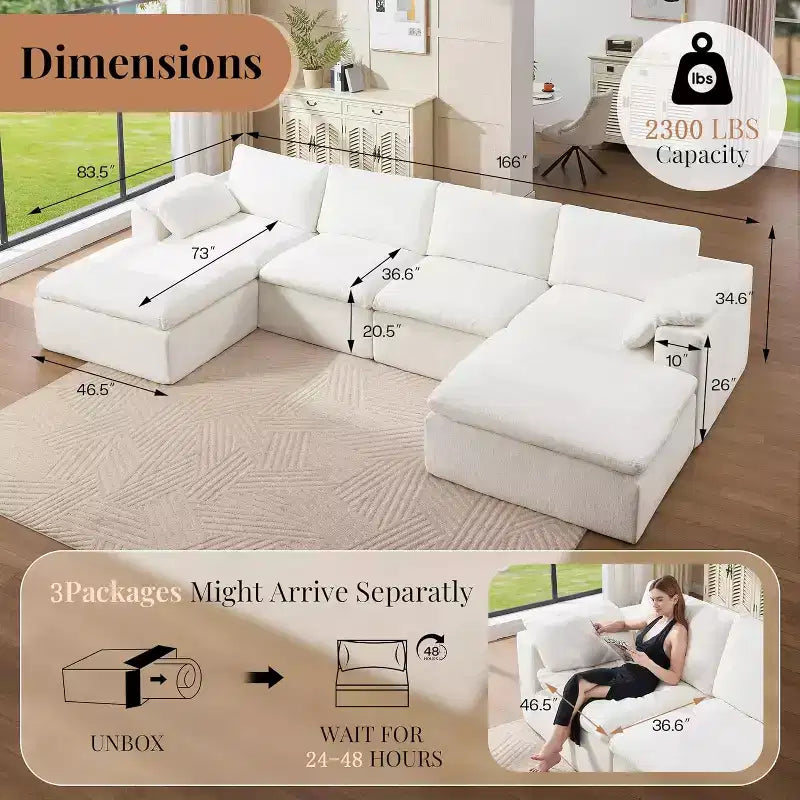 Divano Sezionale AMERLIFE Cloud Couch, Modulare Oversize con Chaise Longue Profonda 83.5, Design Senza Montaggio per Soggiorno, Ciniglia