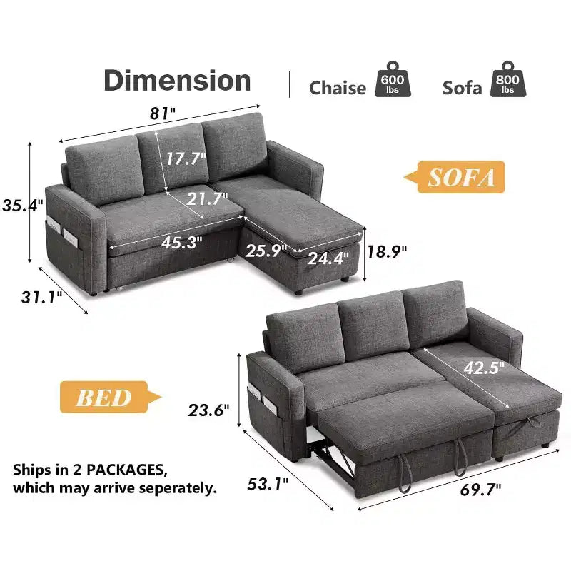 Dyonery 81 divano letto, divano estraibile 2 in 1 con più spazio di archiviazione, divano letto componibile a L con tasche laterali