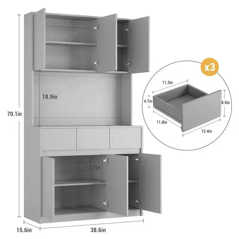 Coolmee Mobile Dispensa da Cucina da 71 pollici, Credenza con Luci a LED e Prese di Corrente, Madia con Supporto per Microonde, Ripiani Regolabili