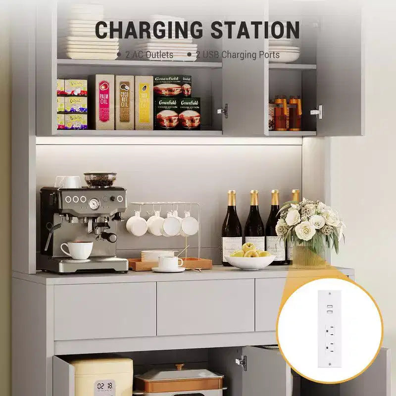 Coolmee Mobile Dispensa da Cucina da 71 pollici, Credenza con Luci a LED e Prese di Corrente, Madia con Supporto per Microonde, Ripiani Regolabili