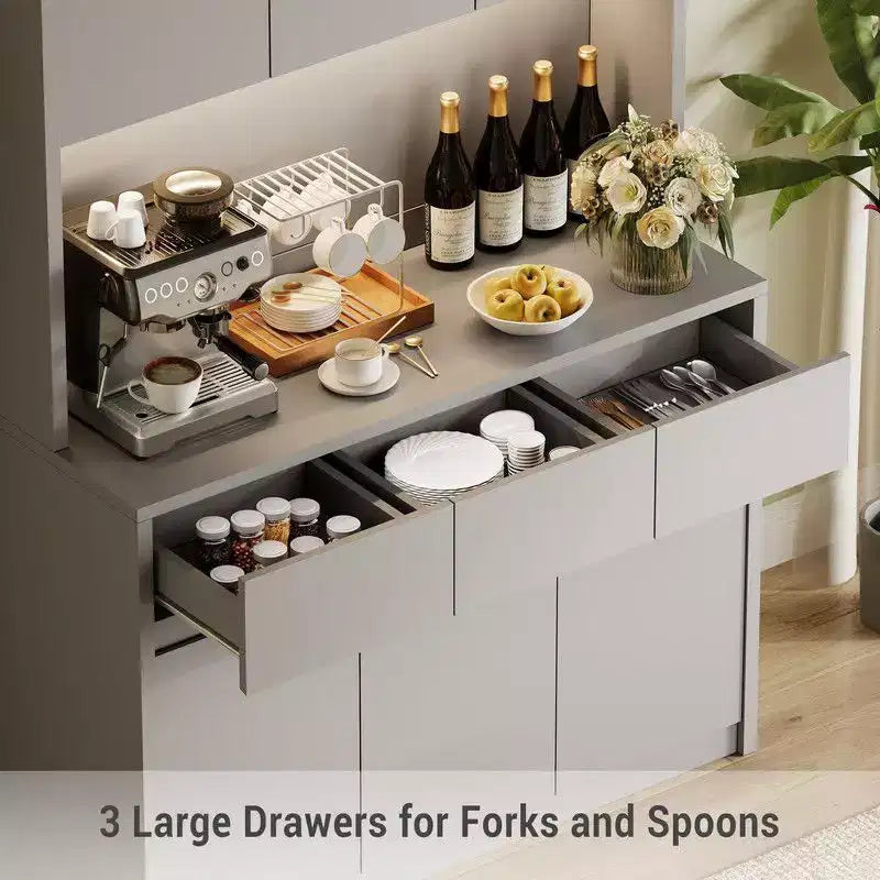 Coolmee Mobile Dispensa da Cucina da 71 pollici, Credenza con Luci a LED e Prese di Corrente, Madia con Supporto per Microonde, Ripiani Regolabili