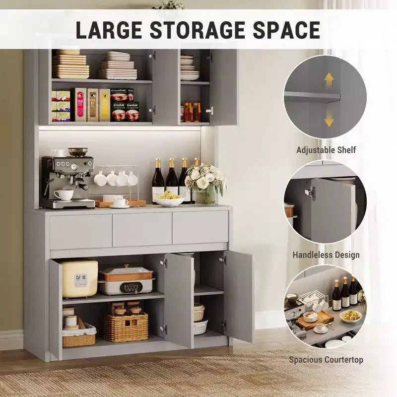 Coolmee Mobile Dispensa da Cucina da 71 pollici, Credenza con Luci a LED e Prese di Corrente, Madia con Supporto per Microonde, Ripiani Regolabili