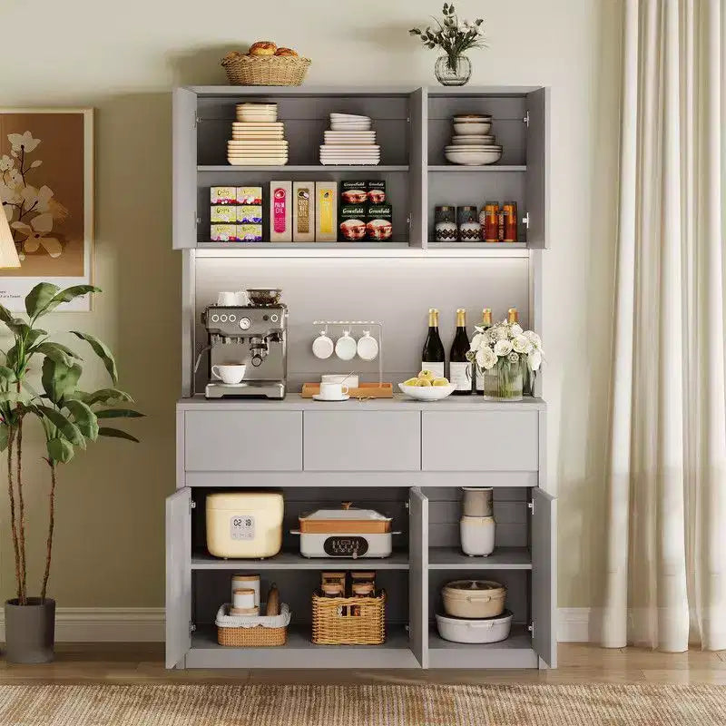 Coolmee Mobile Dispensa da Cucina da 71 pollici, Credenza con Luci a LED e Prese di Corrente, Madia con Supporto per Microonde, Ripiani Regolabili