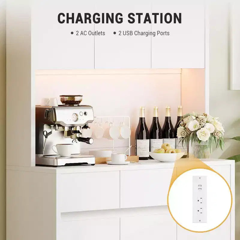 Coolmee Mobile Dispensa da Cucina da 71 pollici, Credenza con Luci a LED e Prese di Corrente, Madia con Supporto per Microonde, Ripiani Regolabili