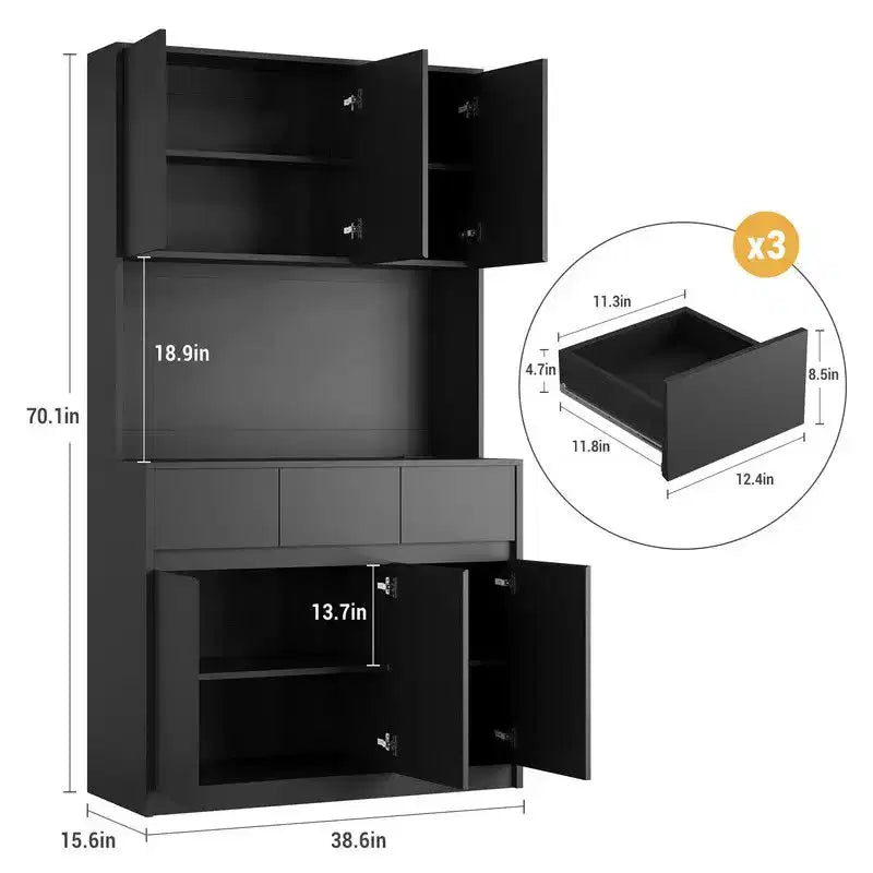 Coolmee Mobile Dispensa da Cucina da 71 pollici, Credenza con Luci a LED e Prese di Corrente, Madia con Supporto per Microonde, Ripiani Regolabili
