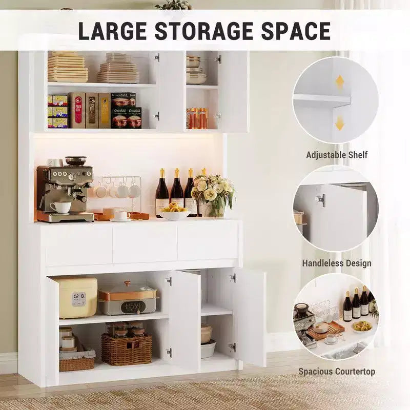 Coolmee Mobile Dispensa da Cucina da 71 pollici, Credenza con Luci a LED e Prese di Corrente, Madia con Supporto per Microonde, Ripiani Regolabili