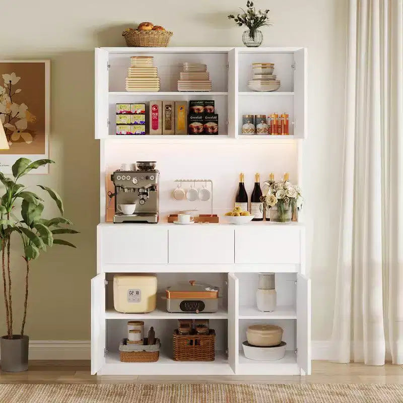 Coolmee Mobile Dispensa da Cucina da 71 pollici, Credenza con Luci a LED e Prese di Corrente, Madia con Supporto per Microonde, Ripiani Regolabili