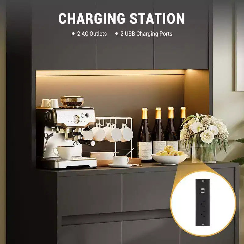 Coolmee Mobile Dispensa da Cucina da 71 pollici, Credenza con Luci a LED e Prese di Corrente, Madia con Supporto per Microonde, Ripiani Regolabili