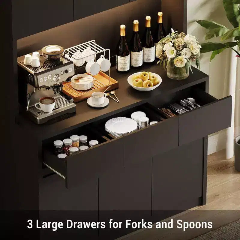 Coolmee Mobile Dispensa da Cucina da 71 pollici, Credenza con Luci a LED e Prese di Corrente, Madia con Supporto per Microonde, Ripiani Regolabili