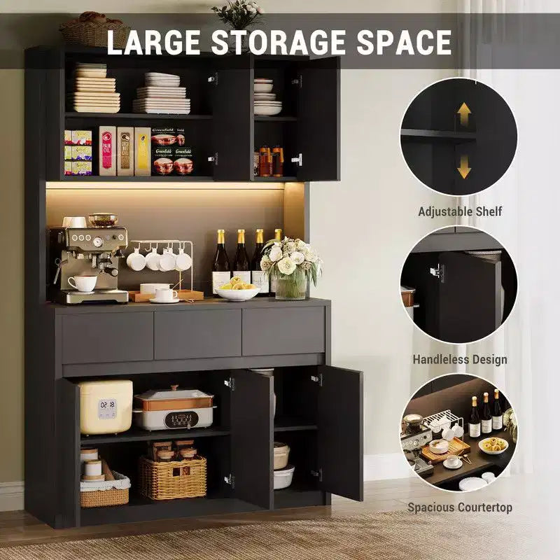Coolmee Mobile Dispensa da Cucina da 71 pollici, Credenza con Luci a LED e Prese di Corrente, Madia con Supporto per Microonde, Ripiani Regolabili