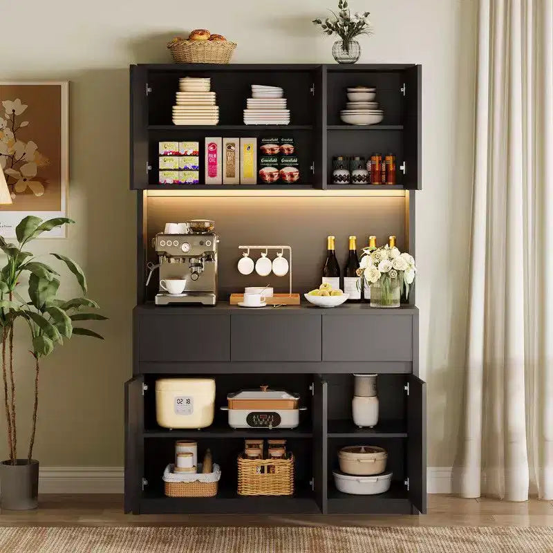 Coolmee Mobile Dispensa da Cucina da 71 pollici, Credenza con Luci a LED e Prese di Corrente, Madia con Supporto per Microonde, Ripiani Regolabili