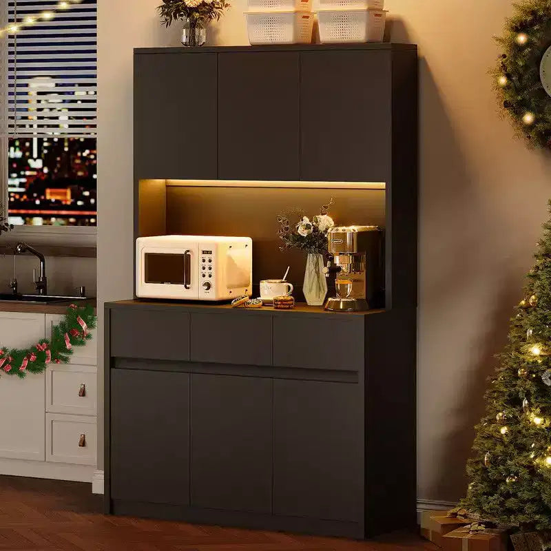 Coolmee Mobile Dispensa da Cucina da 71 pollici, Credenza con Luci a LED e Prese di Corrente, Madia con Supporto per Microonde, Ripiani Regolabili