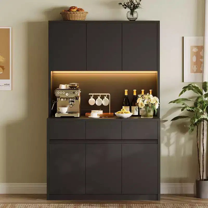Coolmee Mobile Dispensa da Cucina da 71 pollici, Credenza con Luci a LED e Prese di Corrente, Madia con Supporto per Microonde, Ripiani Regolabili