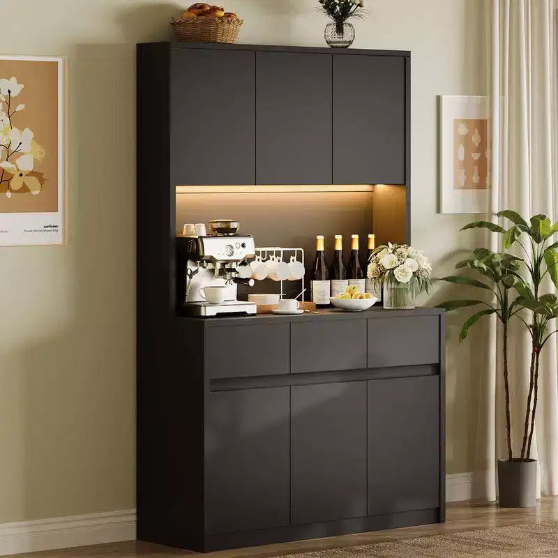 Coolmee 71 inch Kitchen Pantry Cabinet, Hutch Storage with Led Lights and Power Outlets, Buffet Cabinet with Microwave Stand, Adjustable Shelves