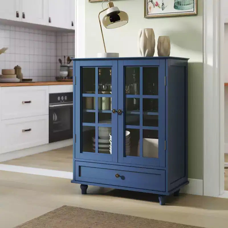 Mobile credenza Okak minimalista con 2 ante in vetro, mobile buffet con 1 cassetto e 2 ripiani, mobile contenitore per sala da pranzo, soggiorno