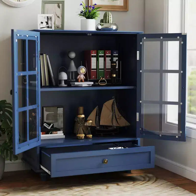 Mobile credenza Okak minimalista con 2 ante in vetro, mobile buffet con 1 cassetto e 2 ripiani, mobile contenitore per sala da pranzo, soggiorno