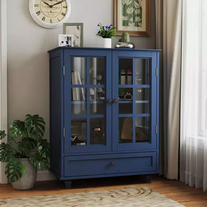 Mobile credenza Okak minimalista con 2 ante in vetro, mobile buffet con 1 cassetto e 2 ripiani, mobile contenitore per sala da pranzo, soggiorno