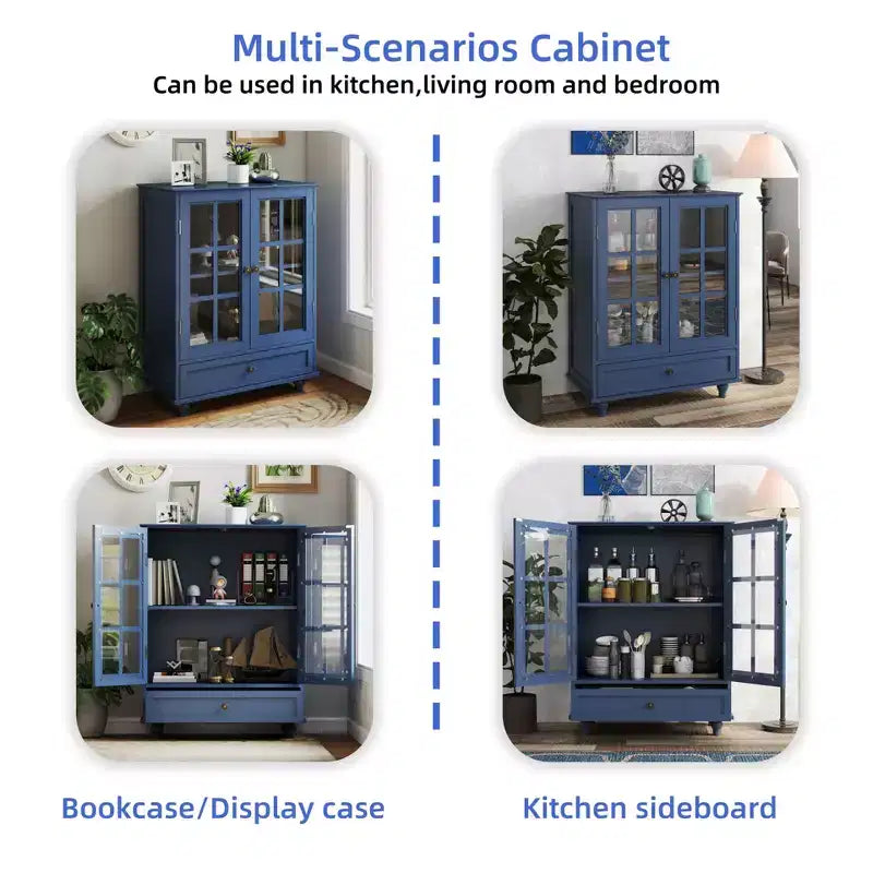 Mobile credenza Okak minimalista con 2 ante in vetro, mobile buffet con 1 cassetto e 2 ripiani, mobile contenitore per sala da pranzo, soggiorno