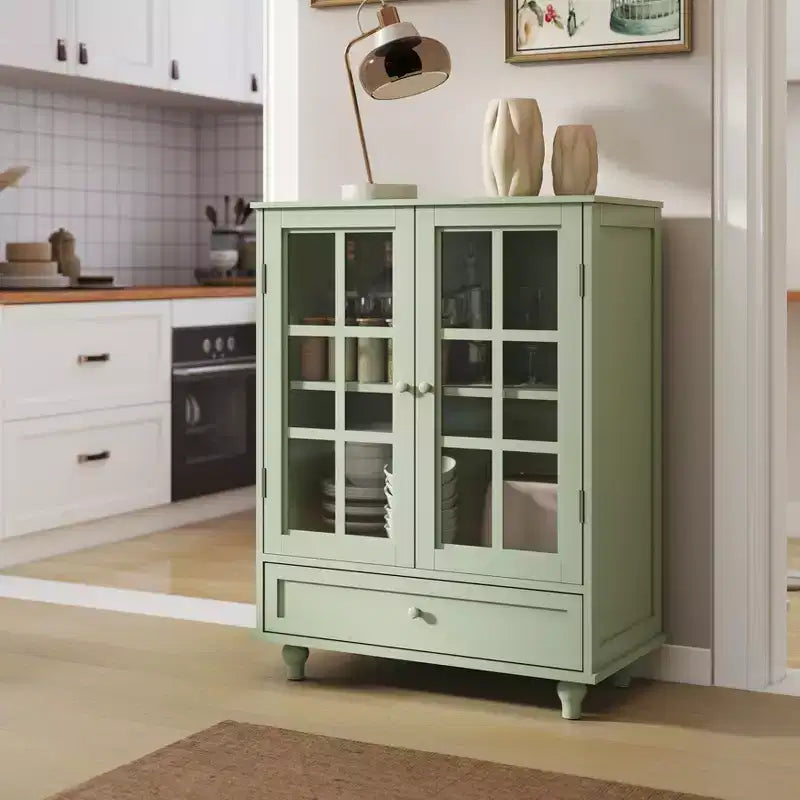 Mobile credenza Okak minimalista con 2 ante in vetro, mobile buffet con 1 cassetto e 2 ripiani, mobile contenitore per sala da pranzo, soggiorno