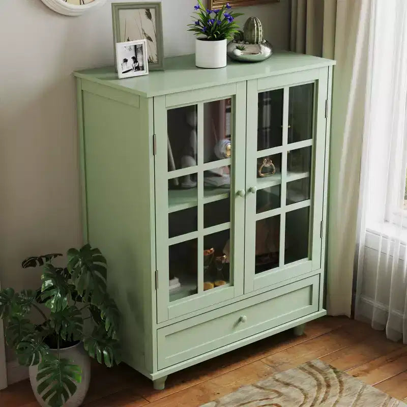 Mobile credenza Okak minimalista con 2 ante in vetro, mobile buffet con 1 cassetto e 2 ripiani, mobile contenitore per sala da pranzo, soggiorno