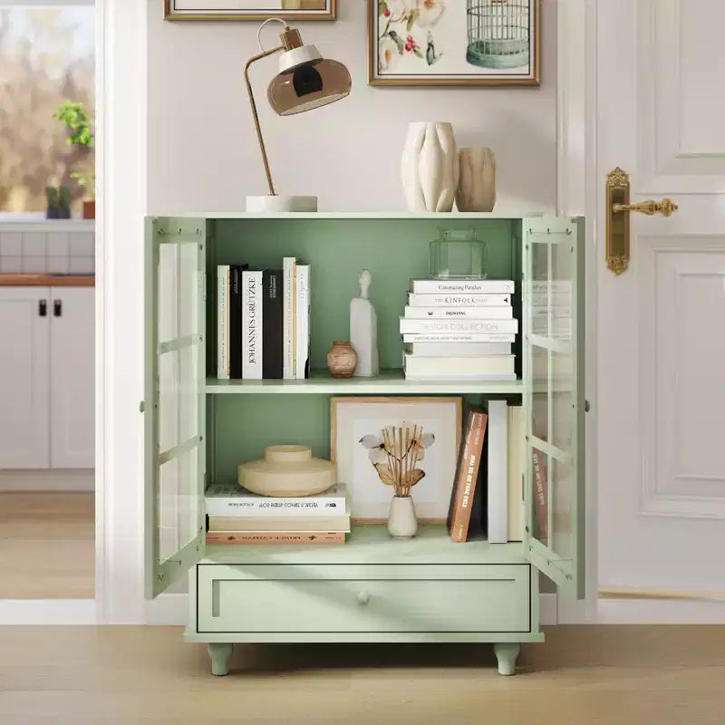 Mobile credenza Okak minimalista con 2 ante in vetro, mobile buffet con 1 cassetto e 2 ripiani, mobile contenitore per sala da pranzo, soggiorno