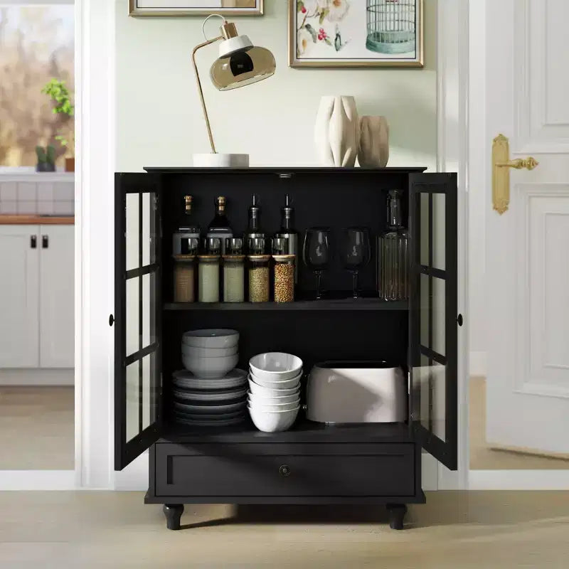Mobile credenza Okak minimalista con 2 ante in vetro, mobile buffet con 1 cassetto e 2 ripiani, mobile contenitore per sala da pranzo, soggiorno