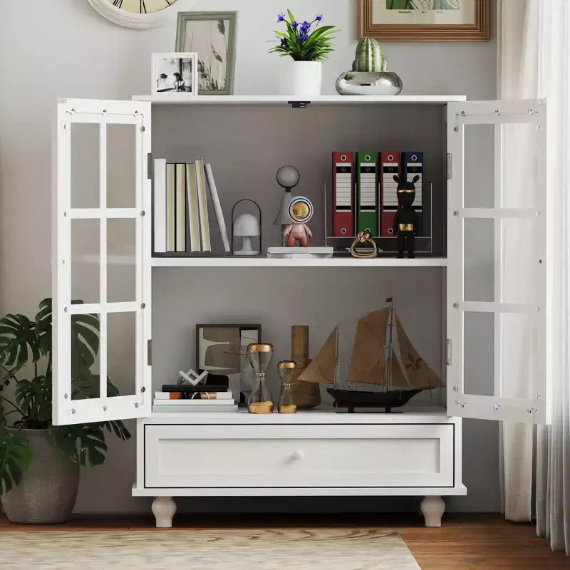 Mobile credenza Okak minimalista con 2 ante in vetro, mobile buffet con 1 cassetto e 2 ripiani, mobile contenitore per sala da pranzo, soggiorno