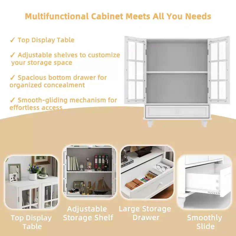 Mobile credenza Okak minimalista con 2 ante in vetro, mobile buffet con 1 cassetto e 2 ripiani, mobile contenitore per sala da pranzo, soggiorno