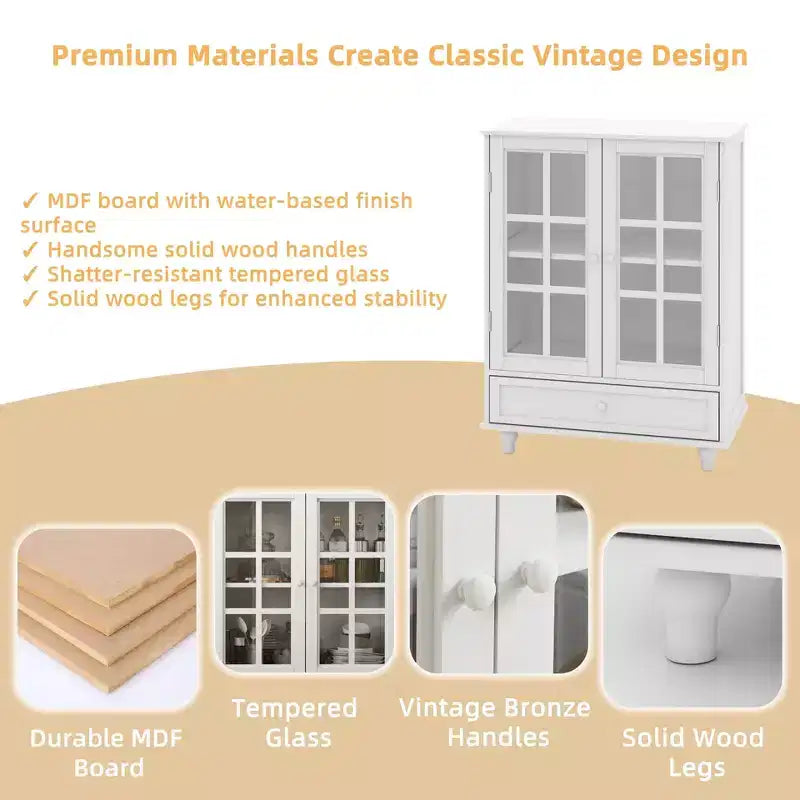 Mobile credenza Okak minimalista con 2 ante in vetro, mobile buffet con 1 cassetto e 2 ripiani, mobile contenitore per sala da pranzo, soggiorno