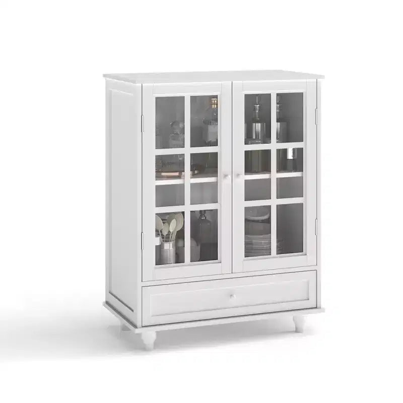 Mobile credenza Okak minimalista con 2 ante in vetro, mobile buffet con 1 cassetto e 2 ripiani, mobile contenitore per sala da pranzo, soggiorno